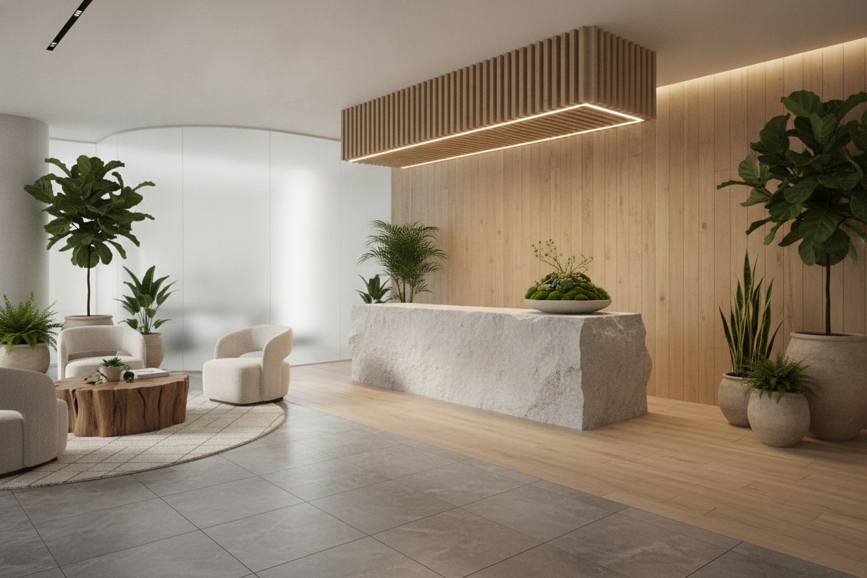 Stüdyo girişi, minimalist tasarım ve bitki detayları