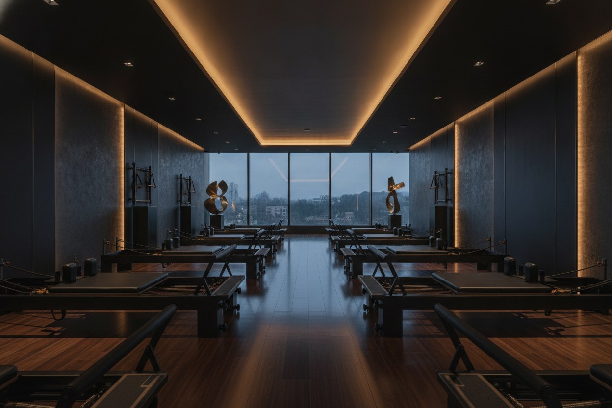Beyaz Reformer pilates stüdyosu, altın ışıklı reformer makineleri